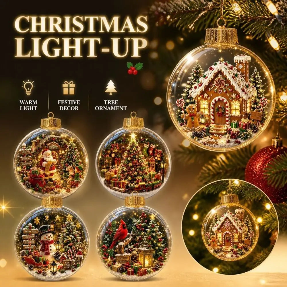 Acrylic Material Christmas Ball Ornament Transparent Design 8CM Size Santa Claus Pendant with Light Holiday Tree Pendant