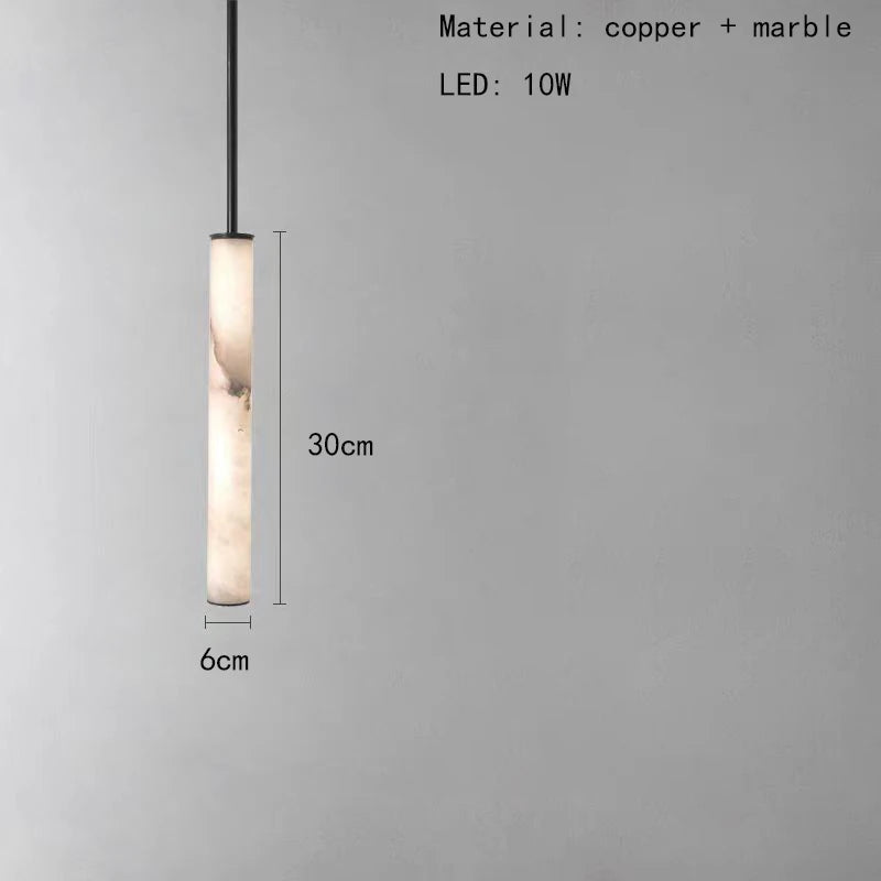 Cylindrical Natural Marble Chandelier Black Brass 3000K Indoor Bedroom Parlor Pendant Lamp Cord Adjustable