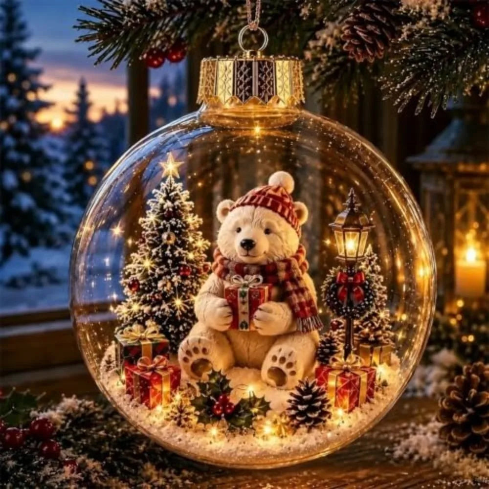 Light-Up Christmas Crystal Ball Spherical Clear Animal Snow Globe Ornament Animal Figure Hanging Holiday Decoration