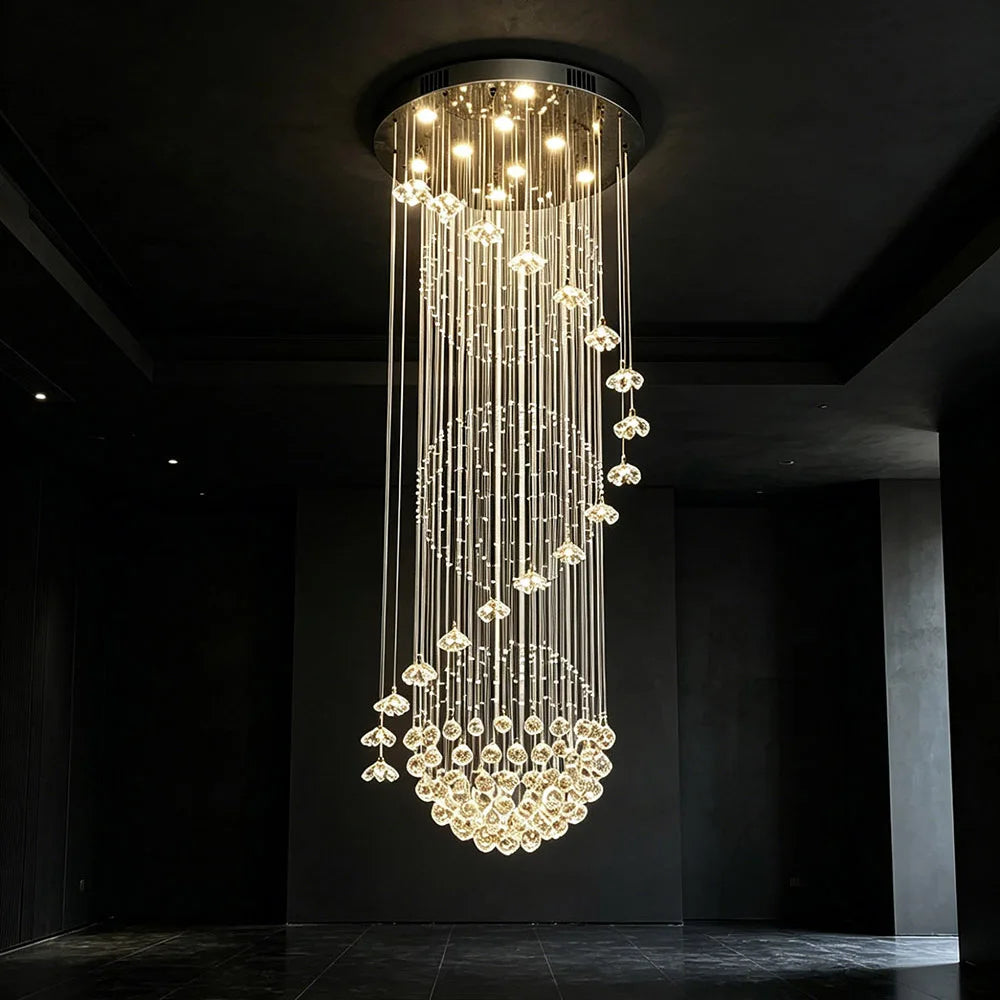 Floral Crystal String Chandelier Tall LED Pendant Light Indoor Decor Lighting For High Ceiling Stairs Lobby Hotel