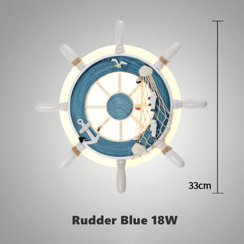 Mediterranean Style Wall Lamp Rudder Boy Children Room Anchor Decoration Bedside Light 27W LED Acrylic Wood Cartoon Sconce Light
