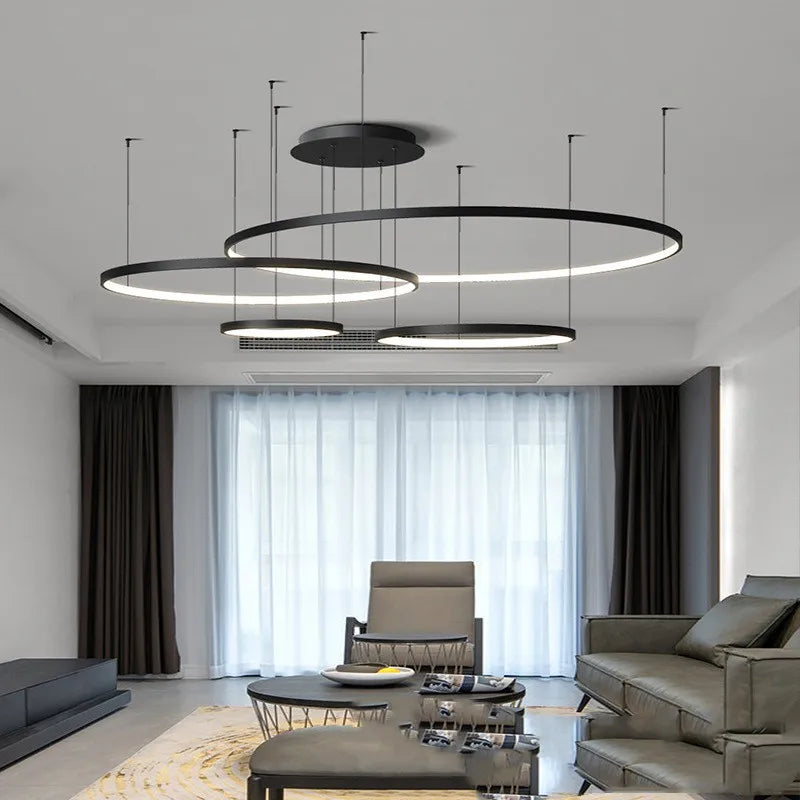 Modern Annular LED Pendant Lights for Living Dining Room Food Tables Kitchen Hall Black Chandelier Home Decor Light Fixture