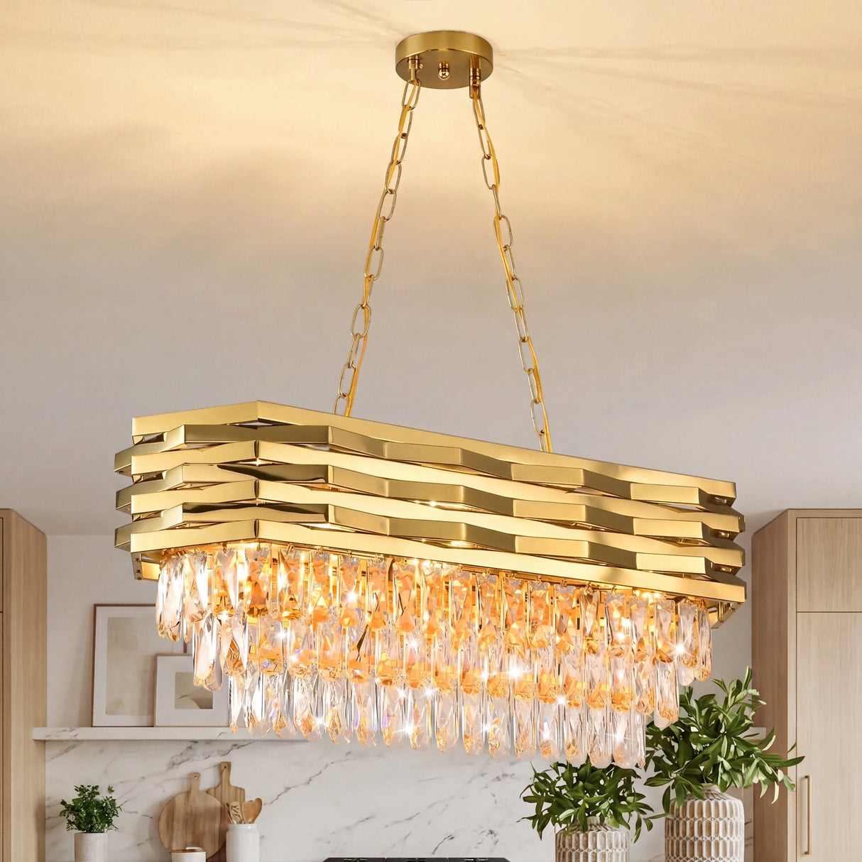 Modern Luxury Gold Crystal Chandelier K9, 8-Light Adjustable Chain Rectangular Ceiling Light Fixture for Dining Room/Living Room