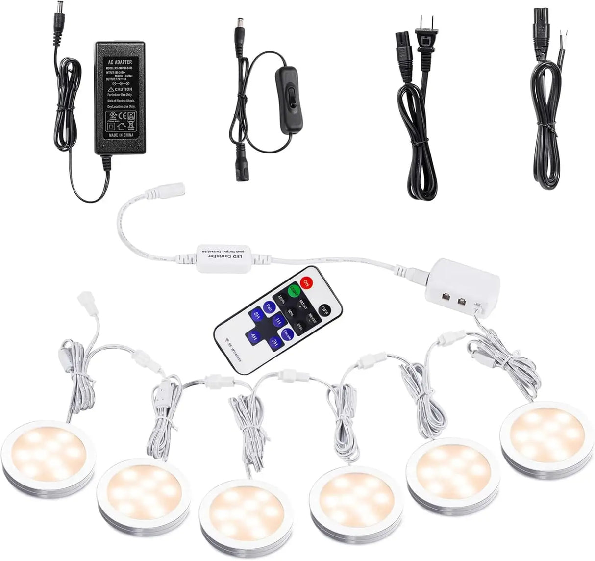 Linkable Under Cabinet LED Lighting 12V Dimmable Puck Lights with Wireless RF Remote Control, Hardwired & Wall Plug in