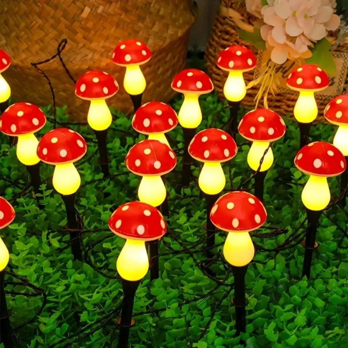 Solar outdoor lights, cute garden mushroom outdoor decorative pile string lights, solar waterproof outdoor lights