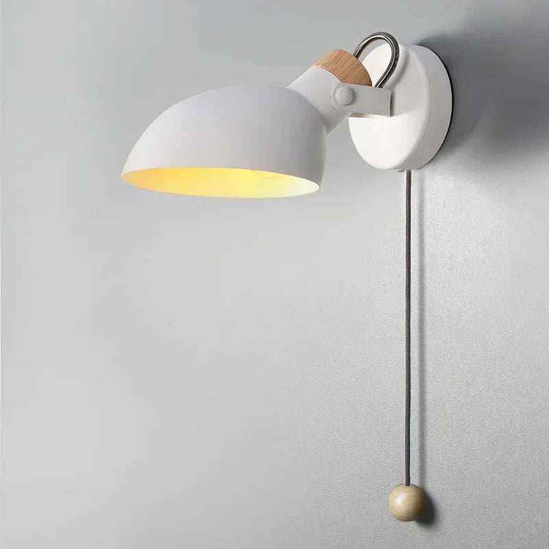 LED Bedside Wall Light with Pull Chain - Replaceable E14 Matte Metal Lamp