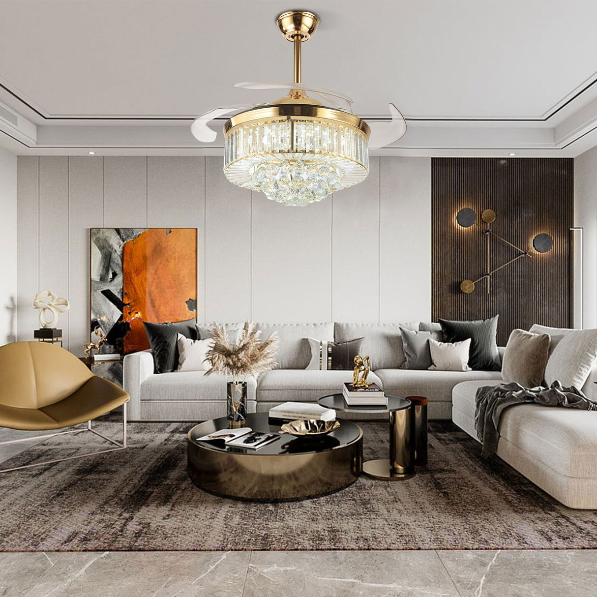 Modern Dimmable Fandelier Crystal Ceiling Fan with Lights and Remote Invisible Retractable Chandelier Fan Light LED Lighting