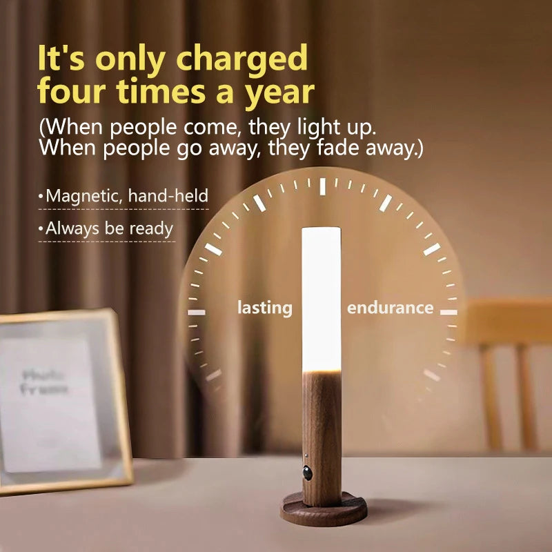LED Wood Night Light PIR Motion Sensor Magnetic Wall Lamp USB Rechargeable Lights Home Staircase Bedroom Lamps Bedside Lighting