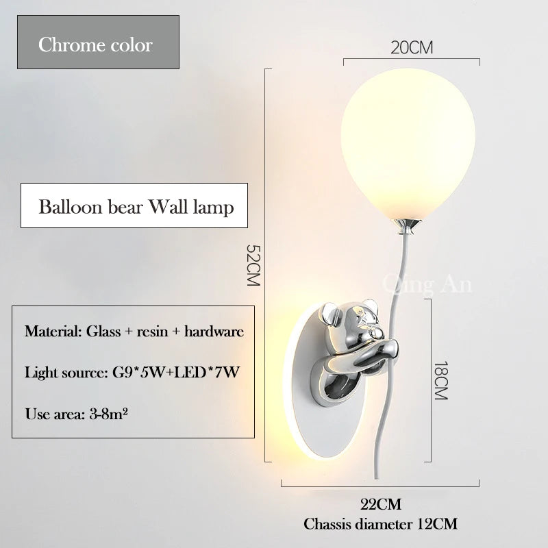 Pink Balloon Bear Wall Lamps Cute Children's Room Lamp Modern Warm Princess Room Nursery Girl Boy Bedroom Bedside Wall Lights
