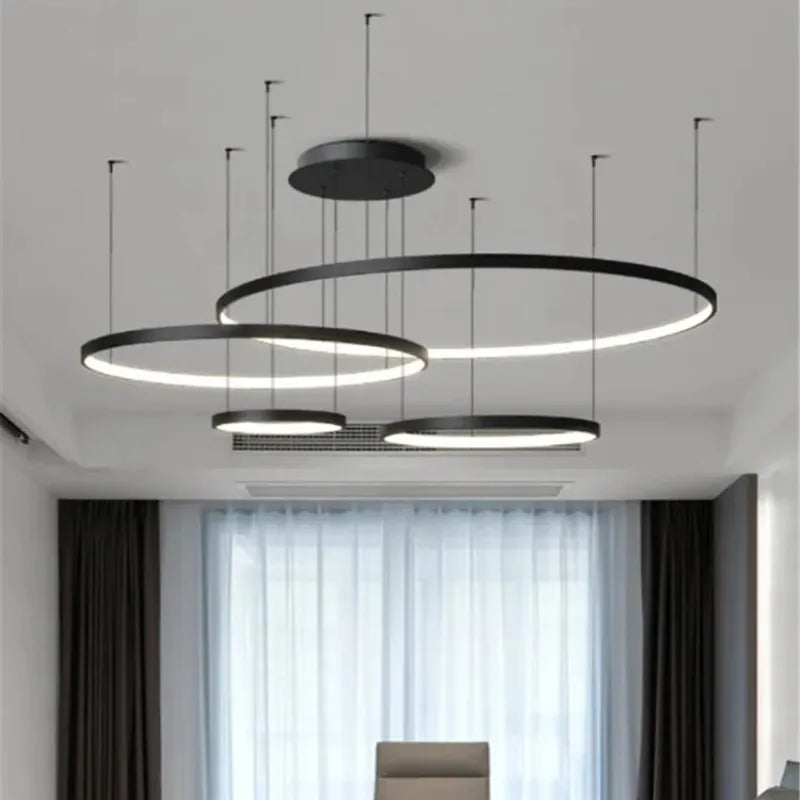 Modern Annular LED Pendant Lights for Living Dining Room Food Tables Kitchen Hall Black Chandelier Home Decor Light Fixture