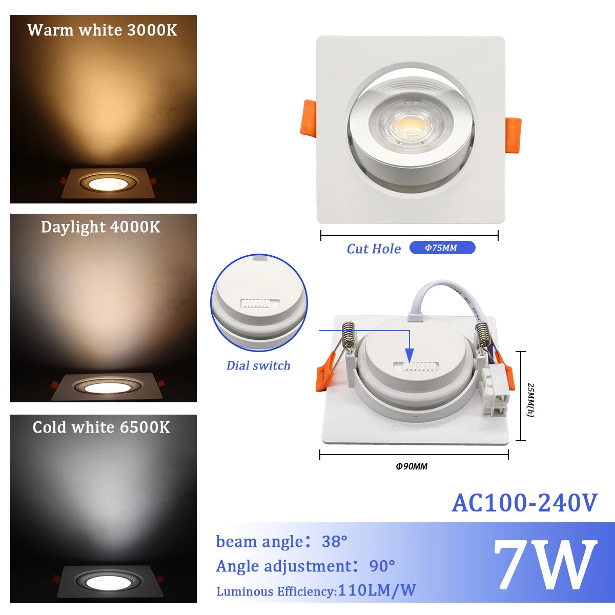 LED Change Color 3 CCT 3000K 4000K 6000K LED Ceiling Spotlight Embedded Light 7W AC 110V 220V Adjust 90° 1-10pcs Lighting Spot