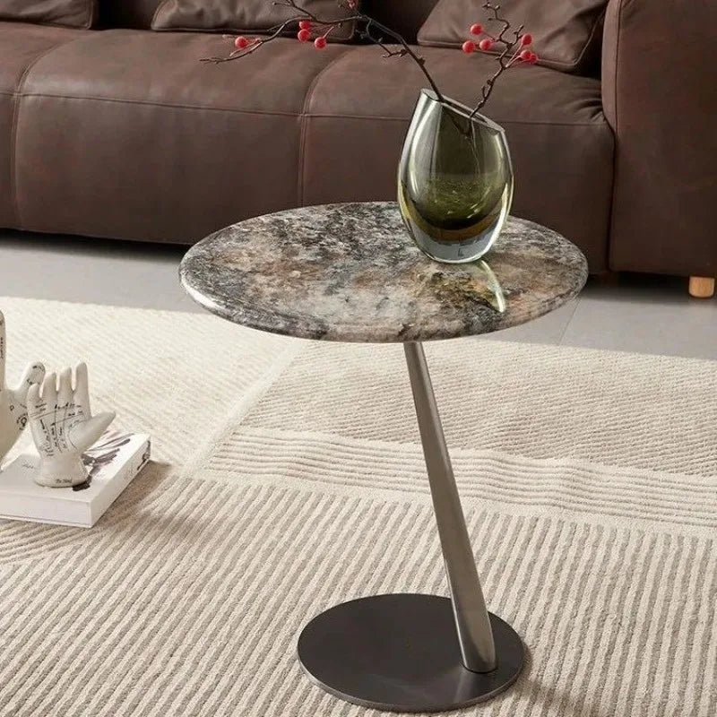 Round Marble Side Table with Metal Leg, Modern Stone Top End Table, Minimalist Single Pedestal Accent Table for Living Room