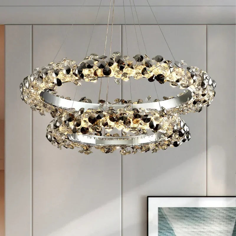 Simple Mix and Match Crystal Chandelier Living Room Ring Decorative Lights Luxury Stainless Steel Glossy Island LED Lights