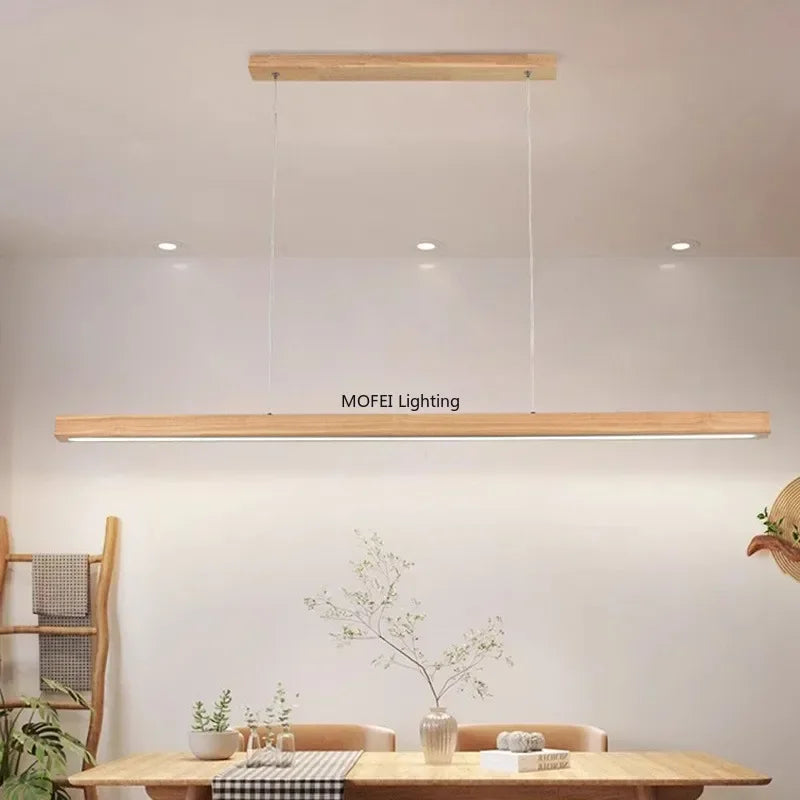 Nordic Long Wood Strip LED Pendant Light Dining Table Lamp Minimalism Suspension Chandelier Living Dining Room Lighting Fixture