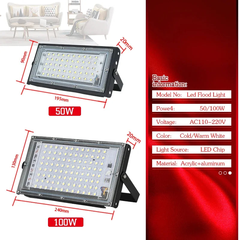 LED Flood Light Outdoor (50W/100W) AC110V/220V - IP65 Waterproof Exterior Reflector Projector & Focus Spotlight