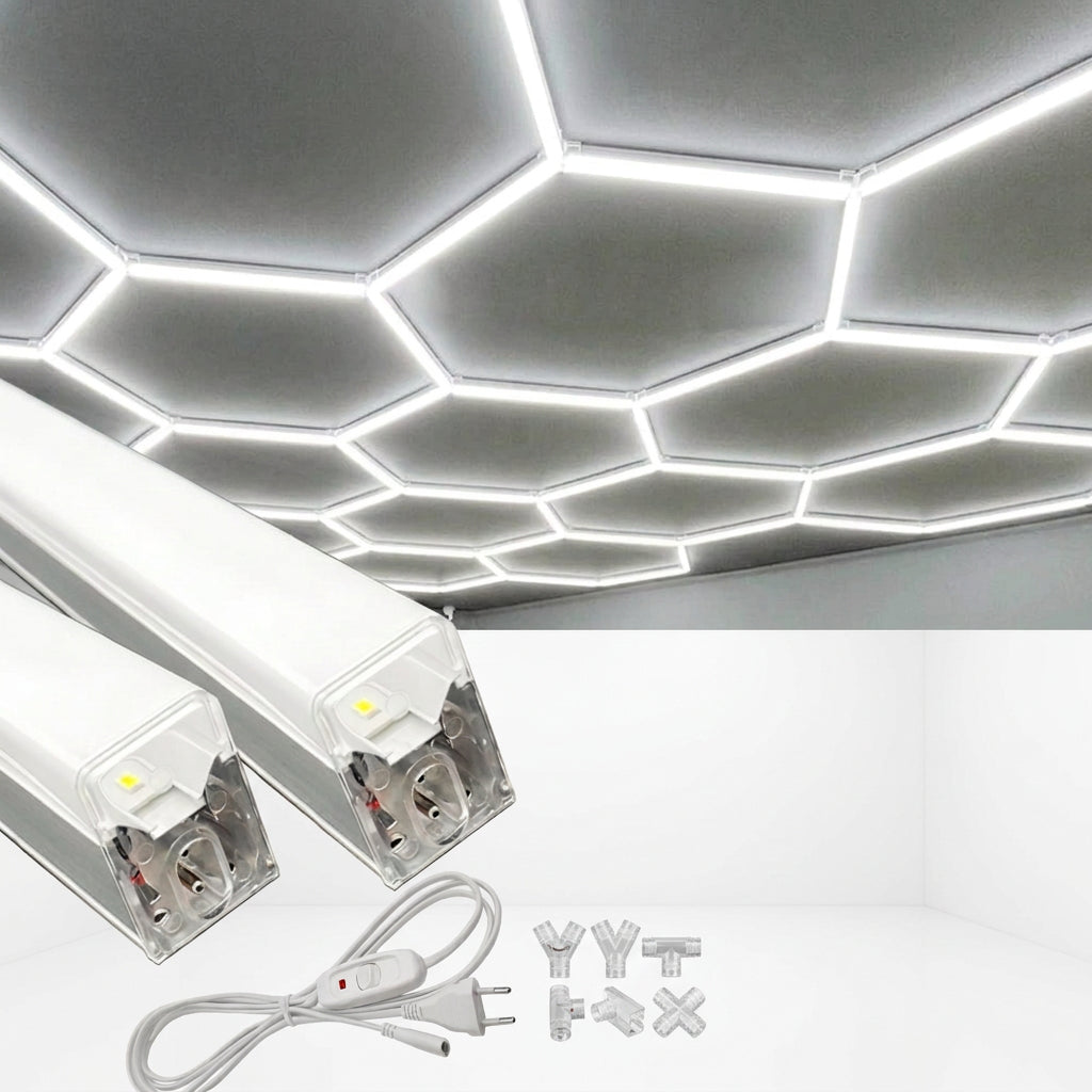 DIY Hexagon Garage LED Tube Accessories & Connector Set (110-240V) - Suspension Wire Cable Kit for Honeycomb Workshop & Barber Shop Lighting