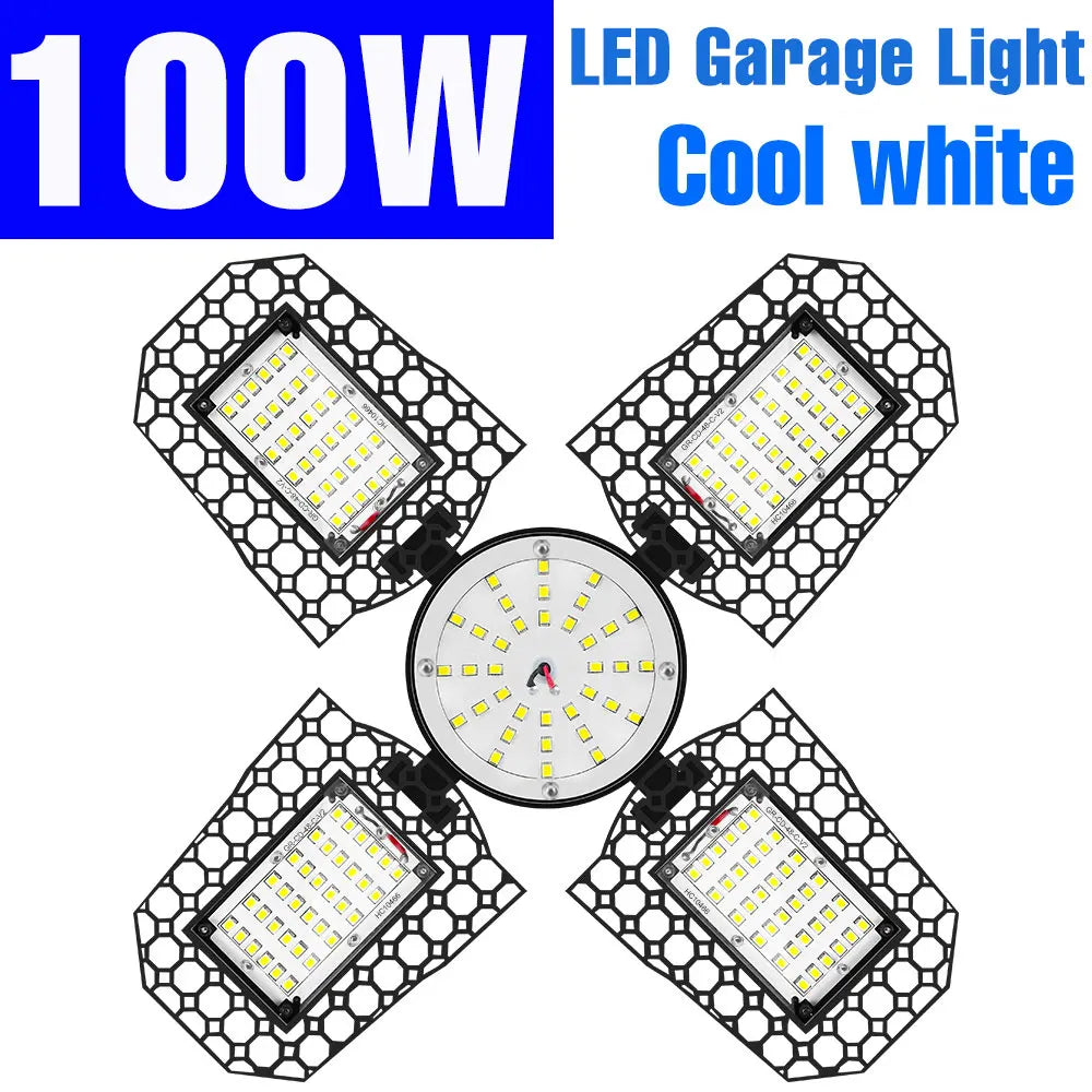 200W Deformable LED Garage Light (E26/E27) AC85-265V - Foldable High Bay Ceiling Lamp for Workshop, Warehouse & Basement