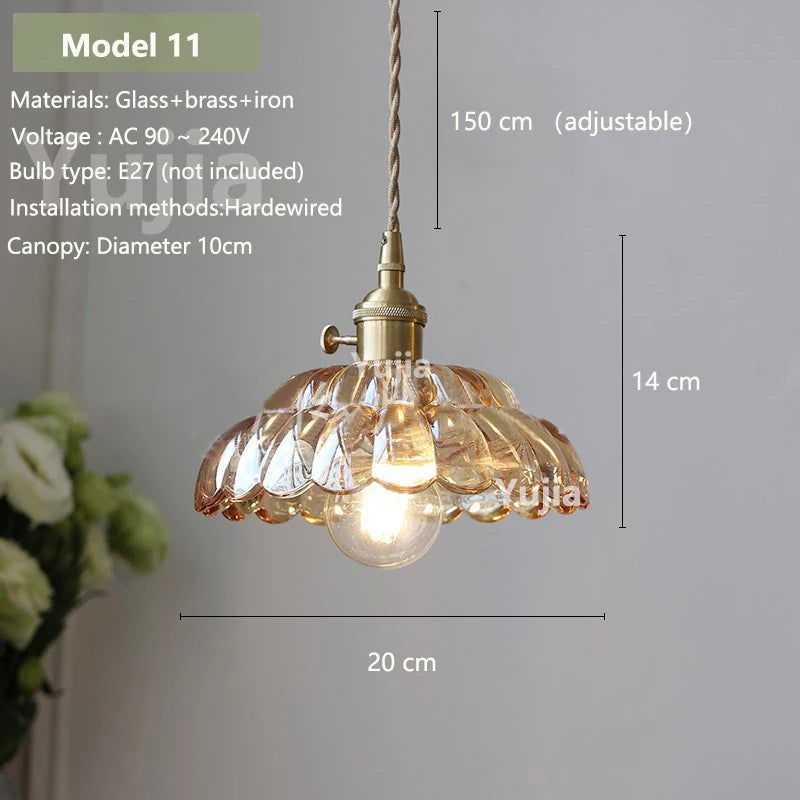Vintage Amber Glass Pendant Light - Retro Brass Adjustable Hanging Hanging Lamp