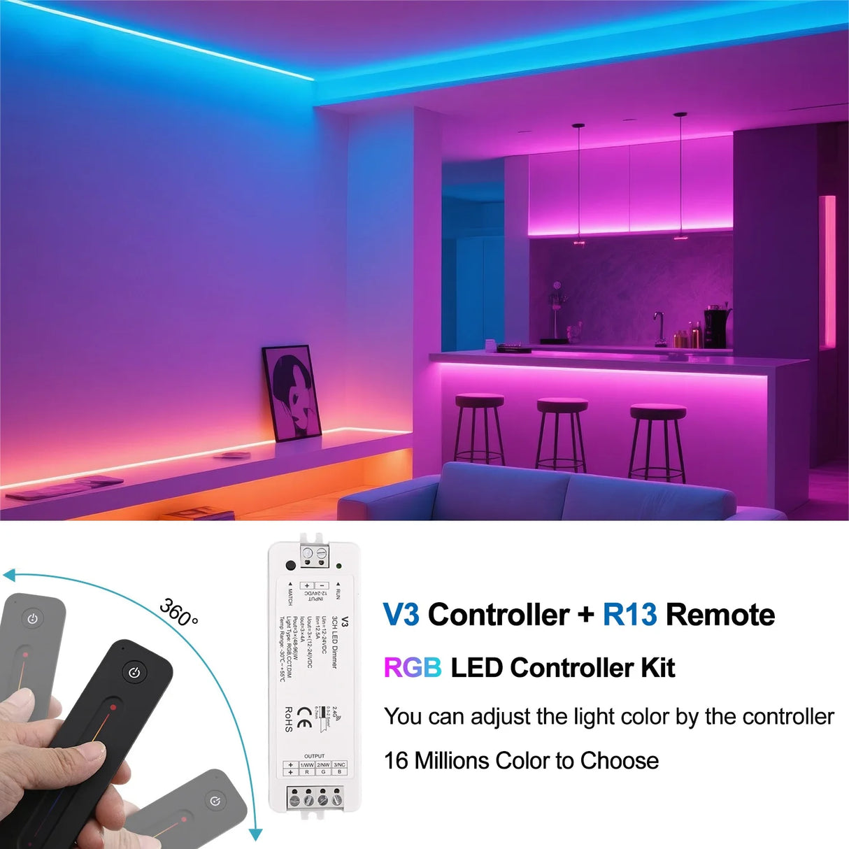 3-Channel RGB & CCT LED Controller - Wireless RF Dimmer for Smart Home Lighting