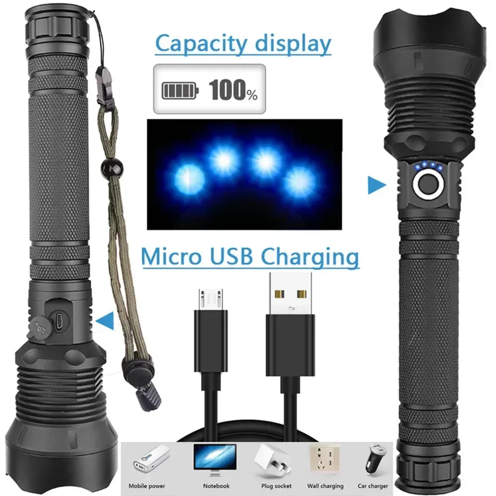 Super Bright Rechargeable LED Tactical Torch with Zoom USB Powerful XHP70.2 Flashlight Camp Lamp Using 18650 Or 26650 Battery