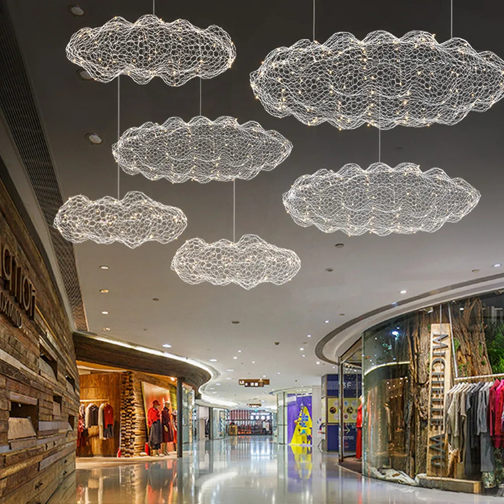 Modern Art Design Stars Fireflies Iron Mesh Cloud Chandelier Bedroom Stair Creative Restaurants Decorative Lighting Fixtures LED