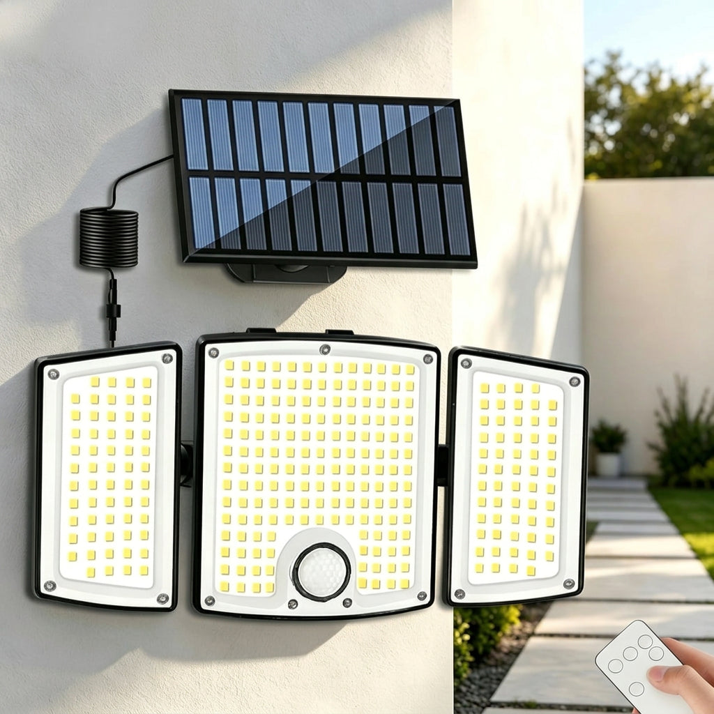 278 LED Solar Motion Sensor Outdoor Flood Light - 3-Head Waterproof Security Wall Lamp for Patio, Yard & Garage