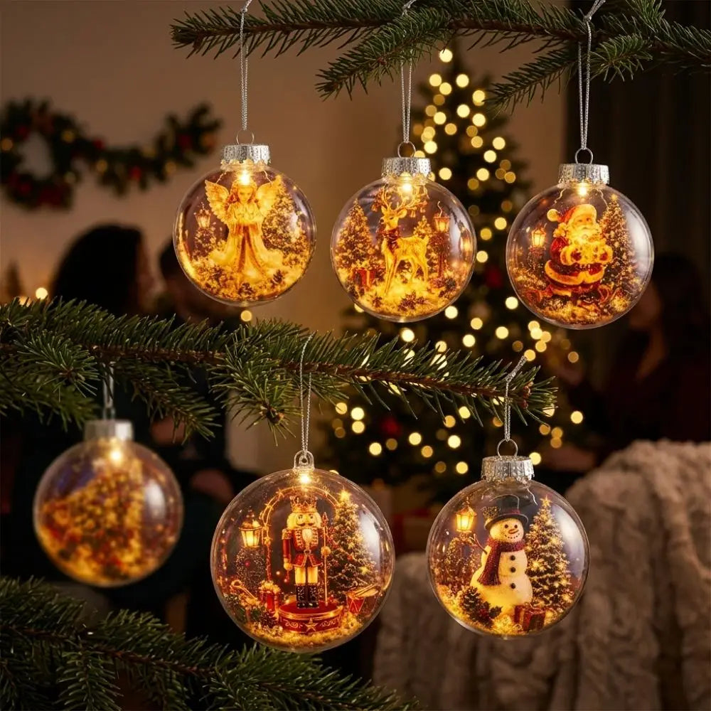 Transparent Lighted Christmas Ball Ornament Acrylic Plastic Clear Christmas Bauble Ornament Exquisite Cartoon Style