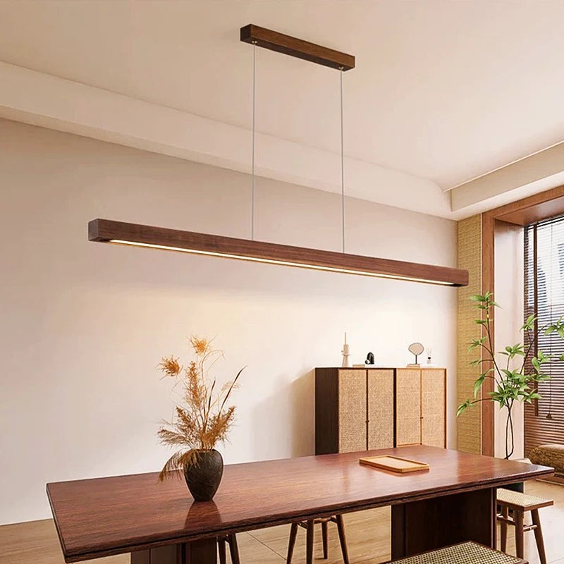 LED Pendant Light Dining Table Lamp Wood Long Strip Suspension Chandelier for Living Dining Room Lighting Fixture
