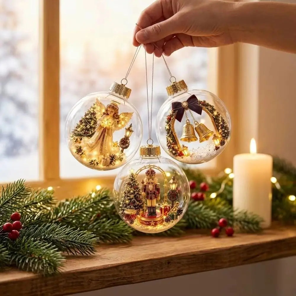 Clear Round Shape Christmas Ball Ornament Warm Light Built In Light Christmas Bauble Miniature Scene Hanging Loop Story Ornament