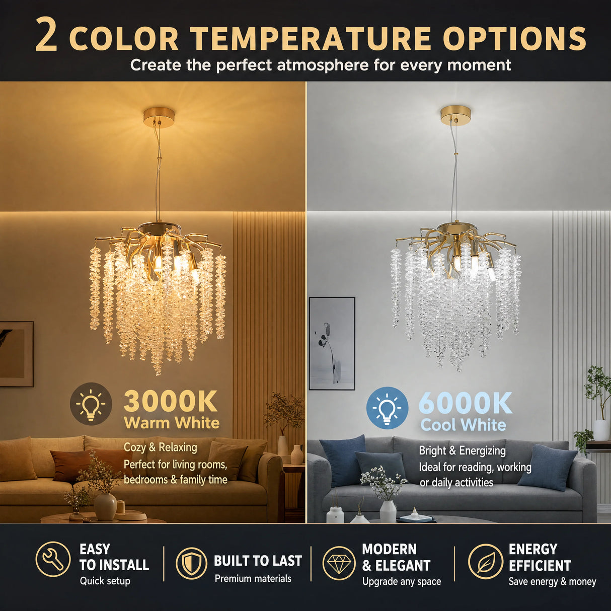 Modern Gold Crystal Chandelier, Tree Branch Adjustable Height K9 Crystal Pendant Light Fixture for Hallway Kitchen Island Dining Room Bedroom
