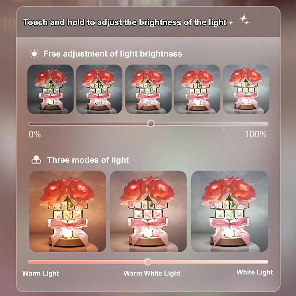 Nightstand Table Lamp Rechargeable Bedroom Bedside Decorative Lamp Crystal Flower Rose For Girl Valentine's Day Birthday Gift