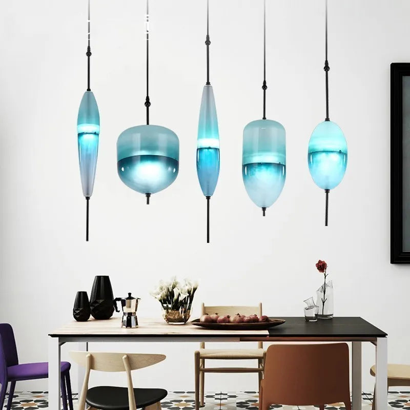 2026 Modern Simple Lake Blue Gradient Glass Pendant Lamp Designer Model Room Bedroom Restaurant Bar LED Chandelier Home Decor Li