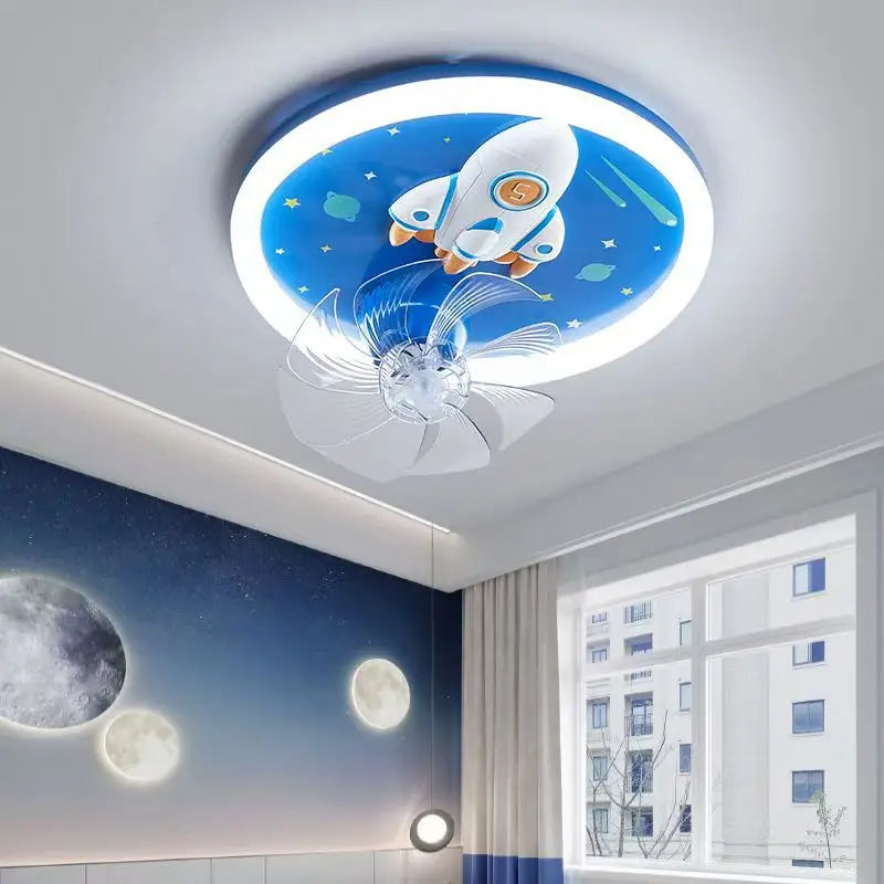 Full spectrum eye protection children's fan LED ceiling light for male and female bedrooms cartoon moon astronaut ceiling light