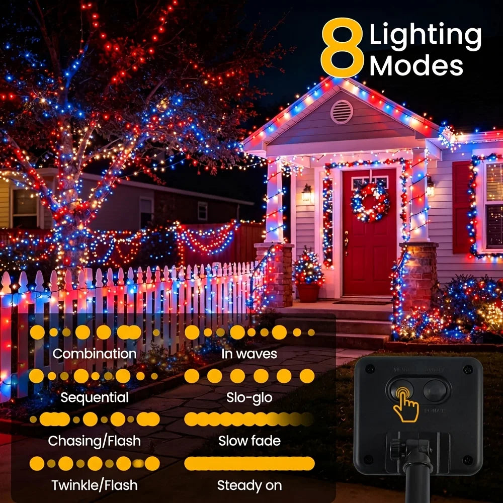 Patriotic Red White Blue LED String Lights - Solar Powered 4th of July Decor
