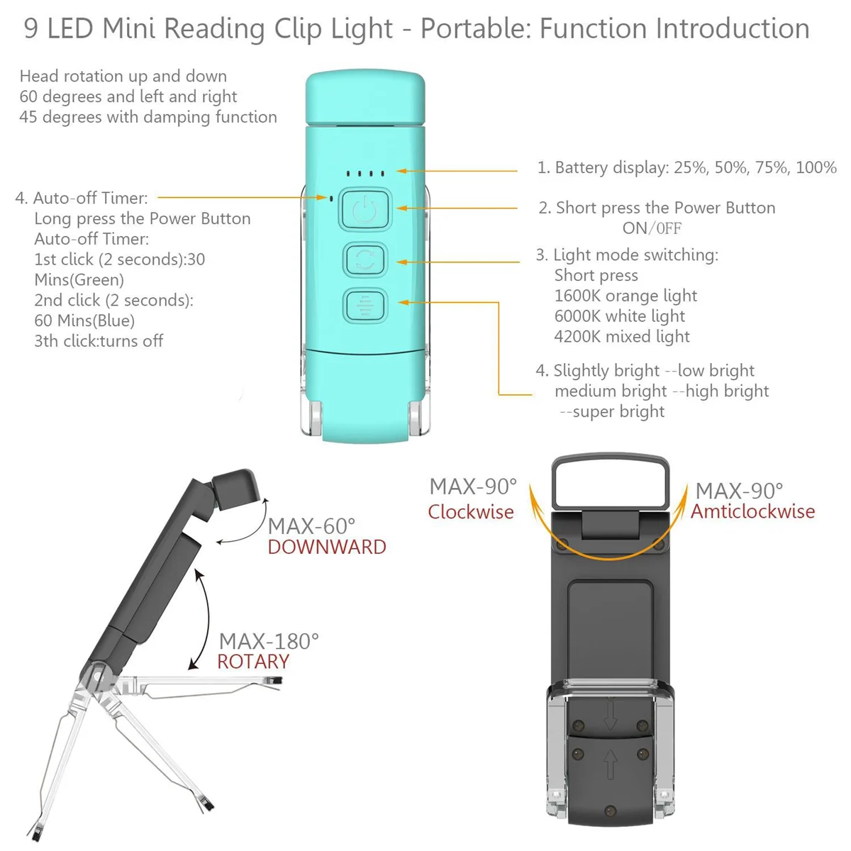 Reading Light Portable Rechargeable Book Light for Reading At Night in Bed,Timer for Kids Night Book Reading Lovers Blue