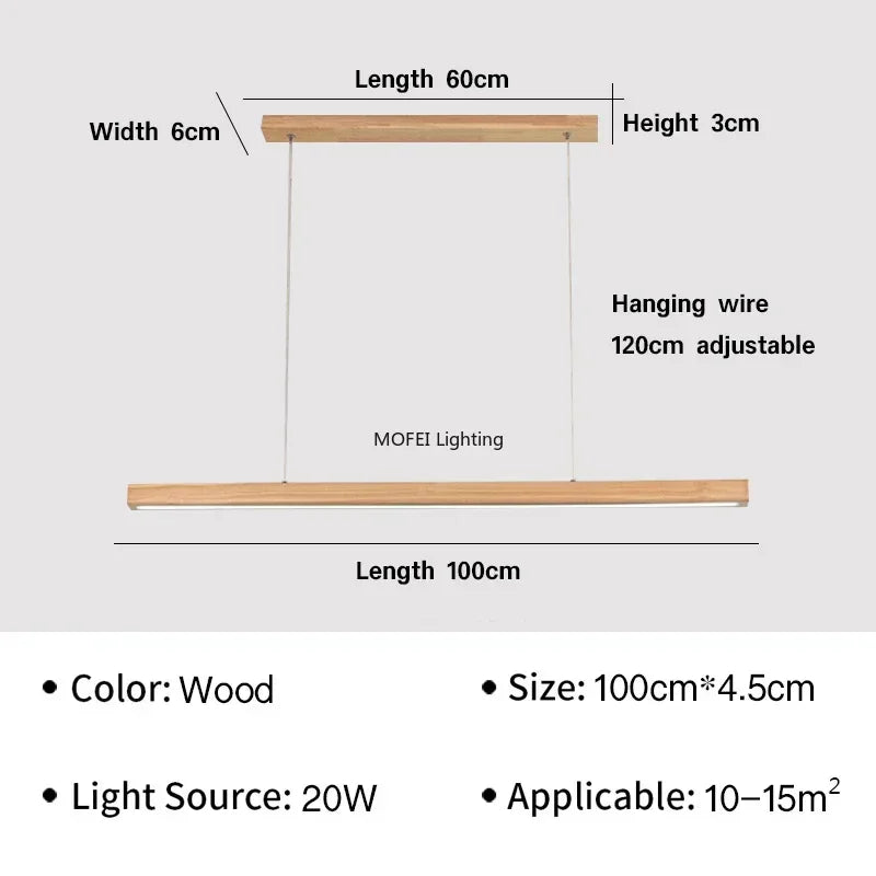 Nordic Long Wood Strip LED Pendant Light Dining Table Lamp Minimalism Suspension Chandelier Living Dining Room Lighting Fixture