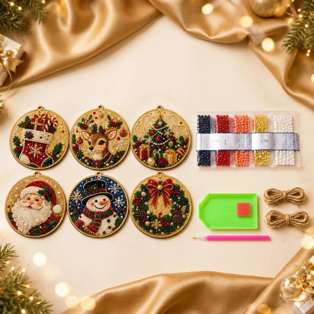 6Pcs DIY Diamond Painting Christmas Tree Ornaments Kit Rhinestone Art Craft Pendants Santa Snowman For Home Holiday Decoration