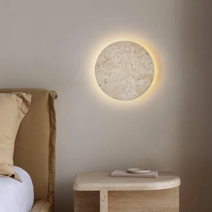Wabi-Sabi Japanese Style Bedroom Bedside Wall Lamp Retro Homestay Corridor Aisle Porch Round Yellow Travertine Led Lighting