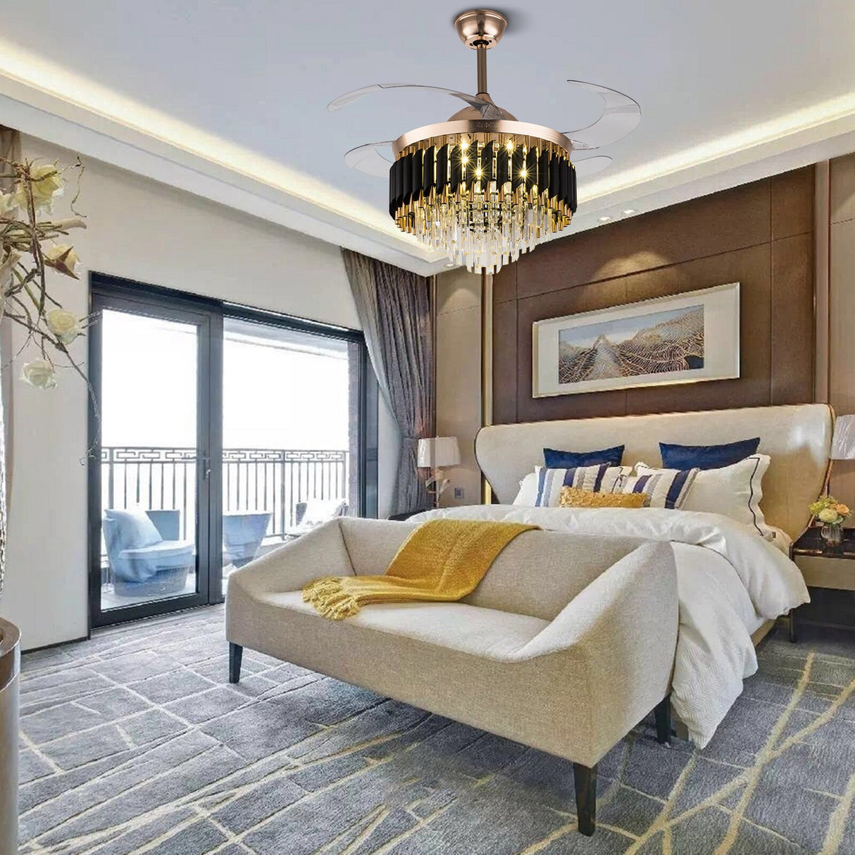 Modern Home Decor Retractable Ceiling Fans with LED Light Chandelier Ceiling Fan 3 Colors 3 Speeds 4 Invisible Blades