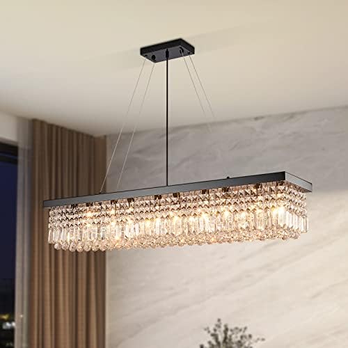 Rectangular Crystal Chandelier Industrial Rectangle Led Pendant Light Fixture for Kitchen Island Dining Room Black L 33.5" x