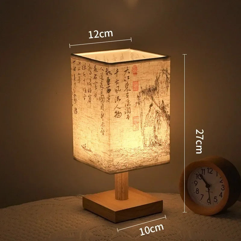 Chinese Style Dimmable LED Table Lamp with Square Fabric Shade - Bedside Desk Light