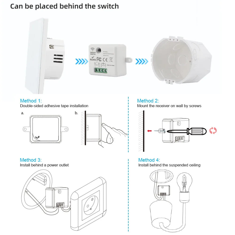 86 Type Wireless RF 433MHz Wall Panel Remote Control (1/2/3 Gang) - Smart Switch Transmitter for LED Light, Lamp & Ceiling Fan