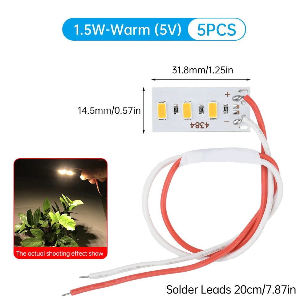 5-Pack 1.5W 5V 5730 SMD LED Color Lamp Boards with Wires - High-Brightness Light Source Modules (Red, Yellow, Green, Blue, Warm White)