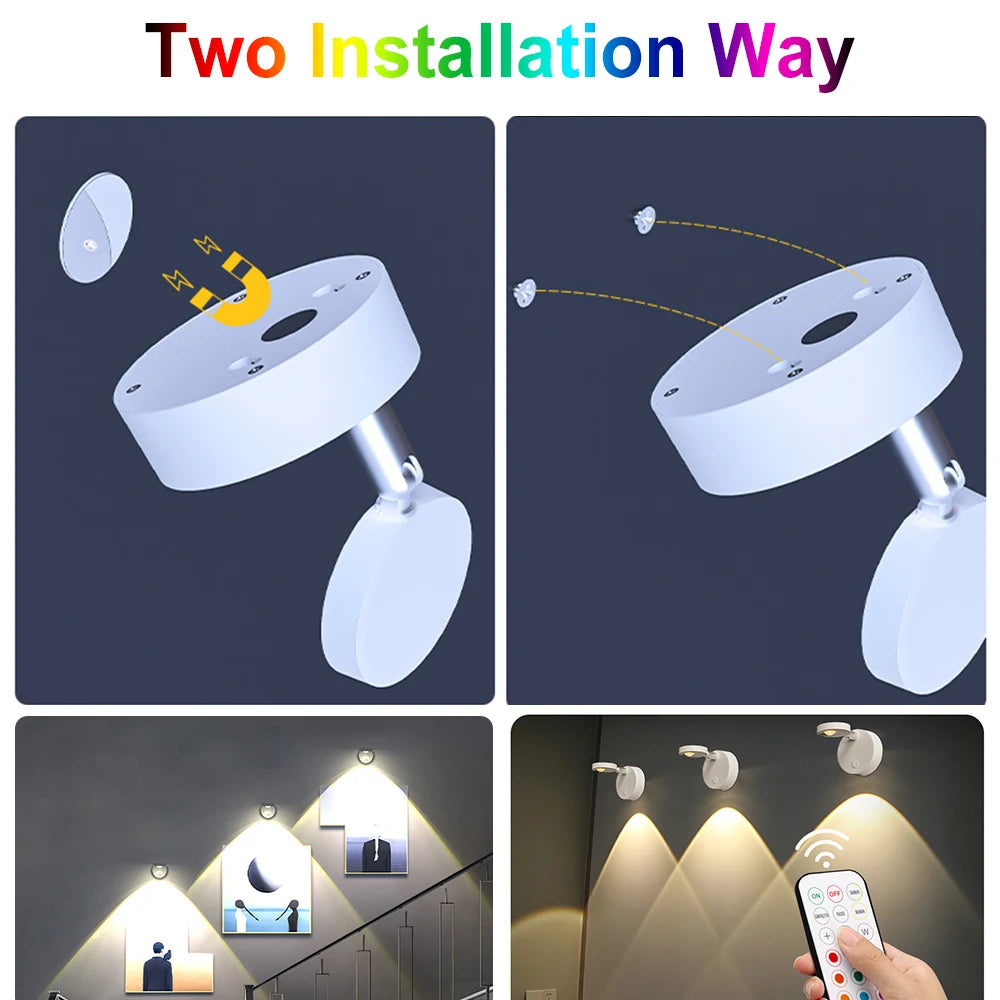 Wireless RGB Remote Spotlight Rechargeable Accent Lights LED Puck Lights Dimmable Timer Wall Lamp Up light Angle Artwork Lighting