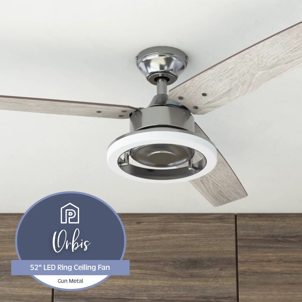 52" Orbis Gun Metal Remote Control Ceiling Fan, 3 Blades, LED Ring Ceiling Fans with Led Light Chandelier Fan Home Appliance