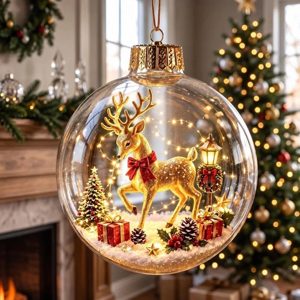 8cm Christmas Ball Ornament Transparent Acrylic Xmas Hanging Decoration with Light DIY Snowman Crystal Ball Christmas Decor