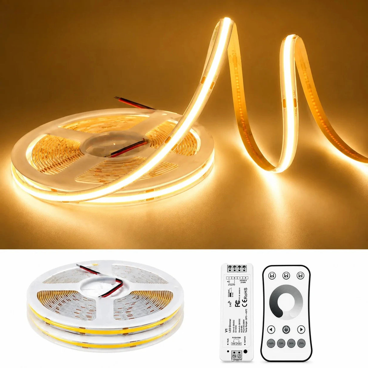 24V LED COB Free Cut Strip 5m 10m 312/576 LEDs Flexible Light Tape 3000K 4000K 6000K Bright Linear Lighting with Remote Control