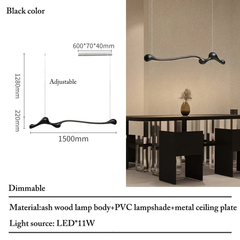 Linear Solid Wood Pendant Light with a Gentle Curve Dimmable LED Chandelier in 3 Wood Colors for Kitchen Island Dining Room