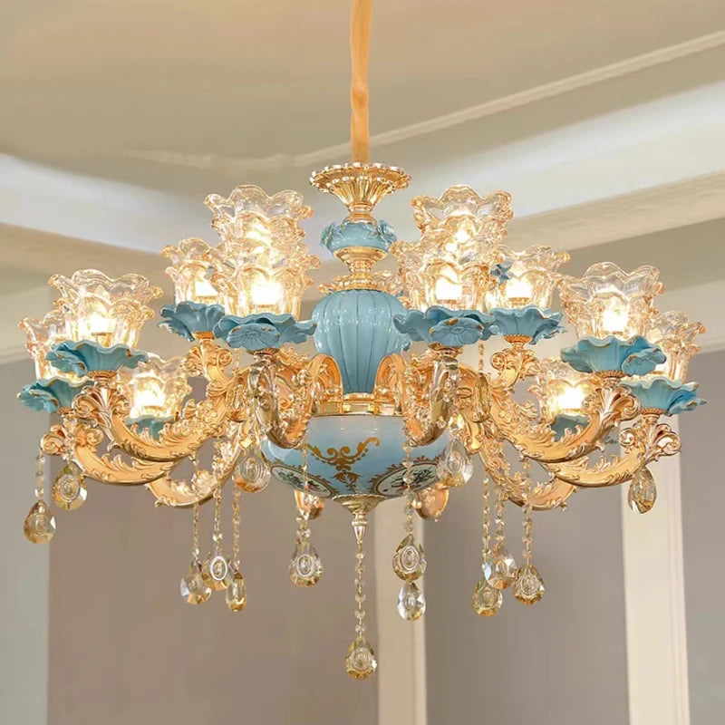 Large Blue Ceramic Chandelier Modern Crystal Glass Fixture Dining Room Contemporary Chandelier For Living Room Home Lighting