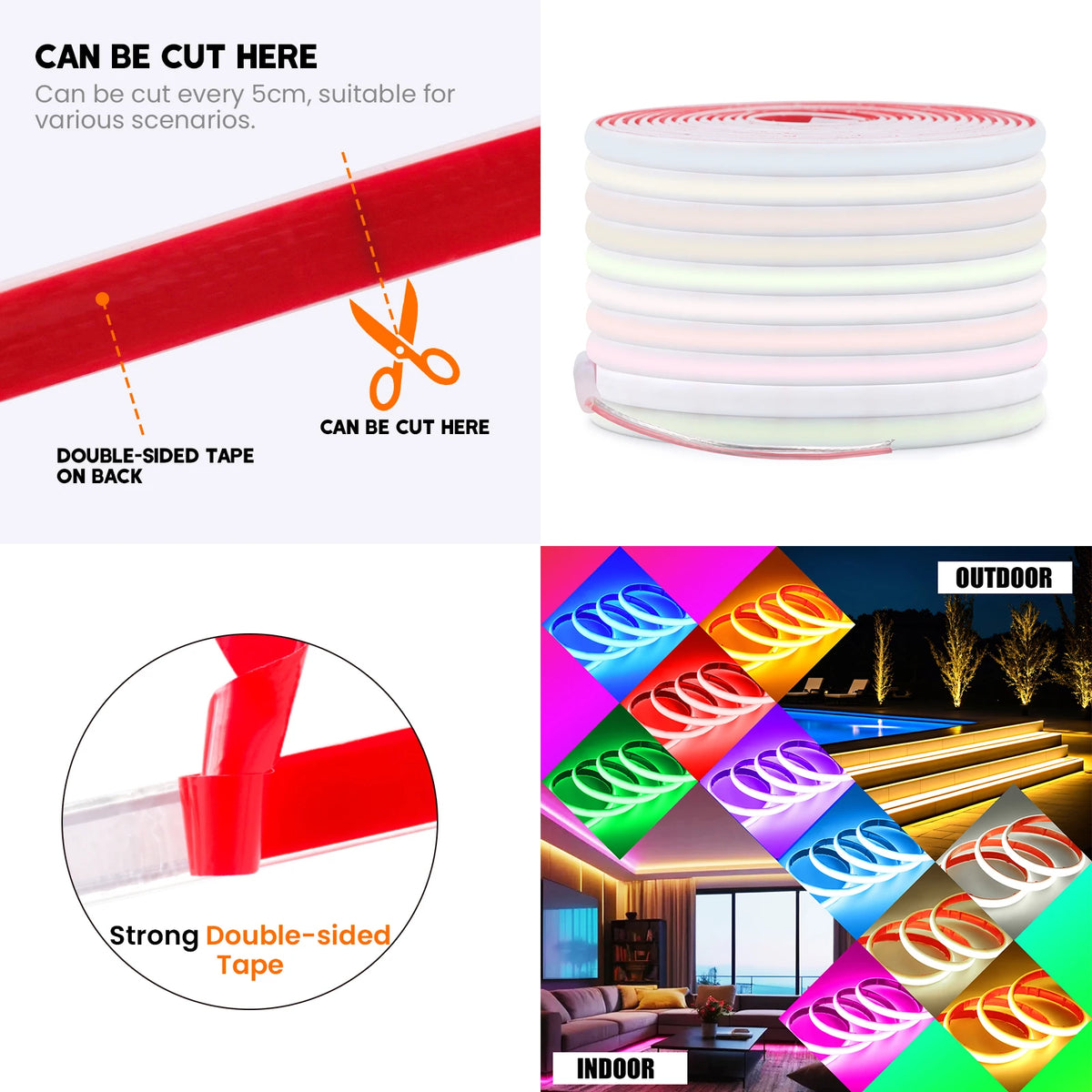 IP68 Waterproof COB LED Neon Strip Light (12V / 24V, 320 LEDs/m) - Flexible Outdoor Garden Decor Ribbon Tape in White, Red, Blue, Green & Pink